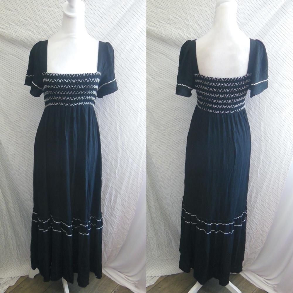 NEW Black GAUZE Prairie PEASANT Folk Inspired EMBROIDERED Smocked MAXI DRESS S